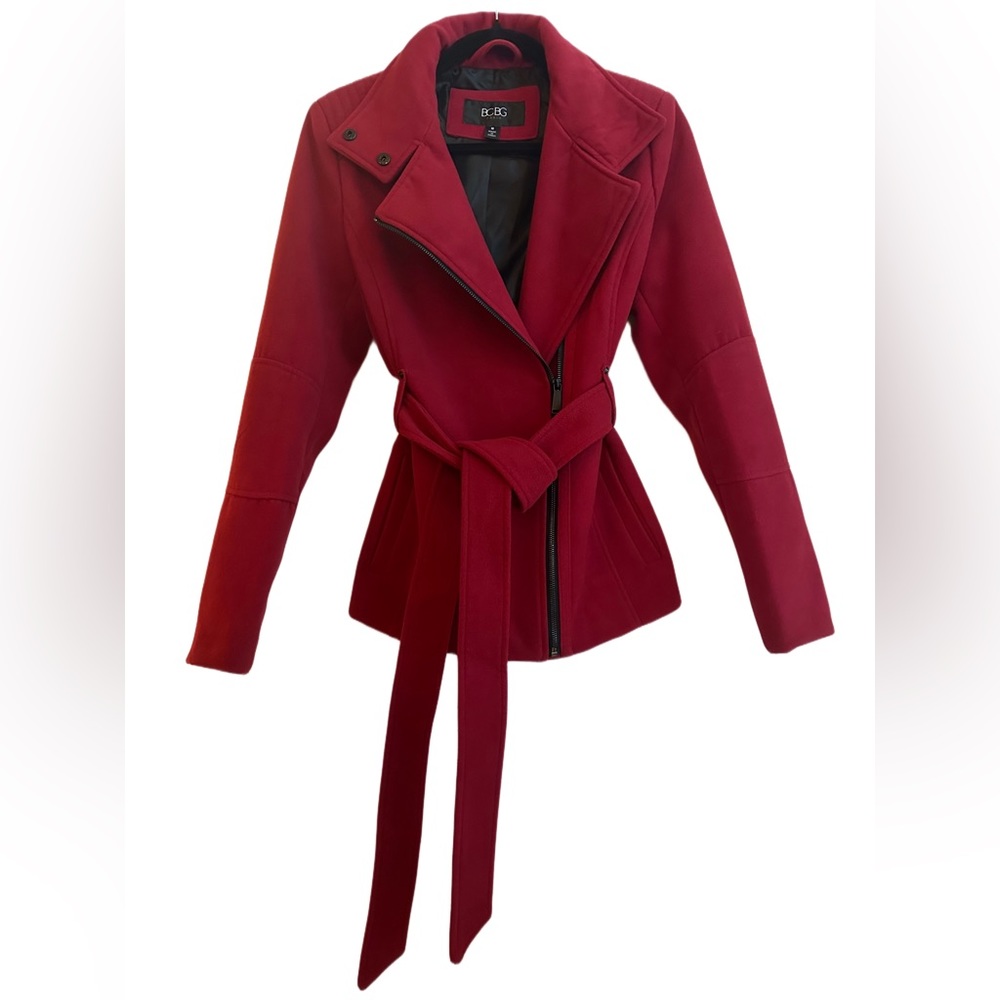 BCBG Red Belted Coat full zip + adjustable collar